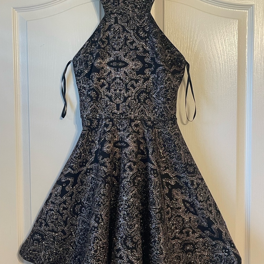 B Darlin Black and Gold A-line Cocktail Dress with Halter Neckline